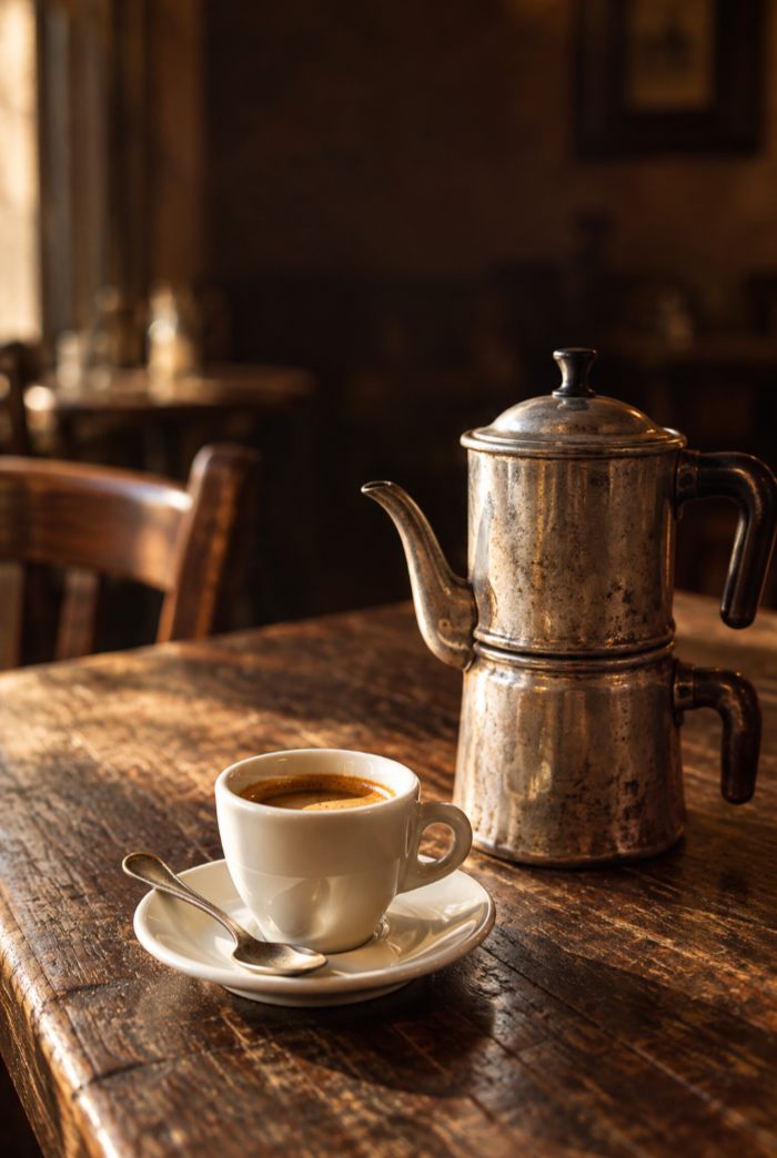 An espresso beside a stovetop coffee pot on a worn wooden table